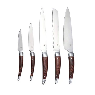 Imagen de LAGUIOLE Cuchillos de caja LAGUIOLE, Juego 5 herramientas para cortar carne, pescado y pan, mango madera bambú pakka, marrón