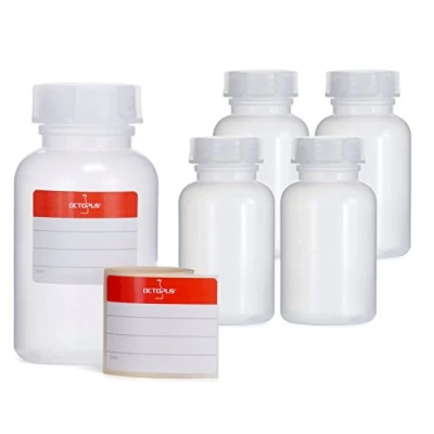 Imagen de Octopus 5 x 250 ml Botellas de Boca Ancha LDPE con Cierre Rosca, Botella vacía para químicos, Laboratorio Tapa, como Recipiente Almacenamiento Laboratorio, Cocina u Ocio