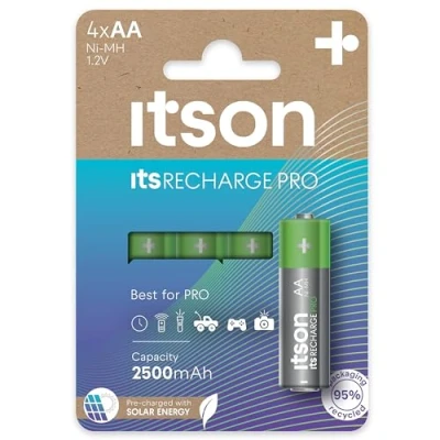 Imagen de ITSON, Pilas Recargables AA, Pro, Paquete de 4, Gran Potencia, precargadas, Capacidad mínima 2500 mAh, Embalaje con 95% Materiales reciclados, Made in Japan
