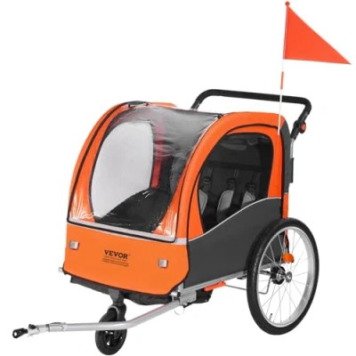 Imagen de VEVOR Remolque de Bicicleta para Niños Asiento Doble Carga 45 kg Portaequipajes Transformable en Cochecito Plegable con Enganche Universal Bicicleta, Naranja Gris