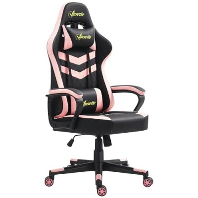 Imagen de Vinsetto Silla Gaming Gamer Basculante con Altura Ajustable Giratoria Reposacabezas y Lumbar Desmontable de Oficina Estudio Rosa