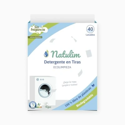 Imagen de Natulim Detergente en Tiras para Lavadora (40 Lavados) Incluye efecto Suavizante, Ecológico, Hipoalergénico, Made in Spain Ropa limpia y suave sin ensuciar el Planeta (Sin Fragancia)