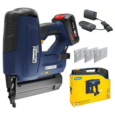 Imagen de Rapid BNX50 18V P4A Kit de Clavadora Eléctrica Inalámbrica Clavos con Luz LED para Bricolaje, N.º 8 y Disparo Simple o Impacto, Batería 2.5 Ah, Cargador Maleta (5001498)