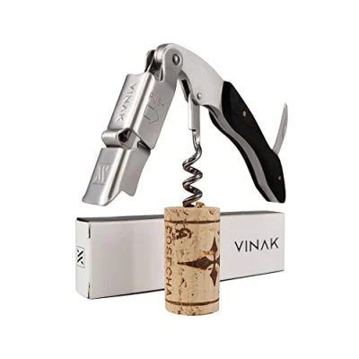 Imagen de VINAK Sacacorchos camarero profesional XPERT en acero inoxidable y madera de ébano con doble apoyo articulado + abrebotellas navaja cortacápsulas espiral