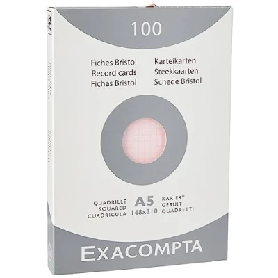 Imagen de Exacompta Bristol Tarjeta de registro, Cuadrícula (5x5), A5, paquete 100 tarjetas, Rosa, tarjetas