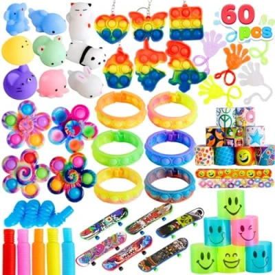 Imagen de JOYIN 60 piezas niños fiesta de cumpleaños fidget conjunto, popular, juguetes fiesta, bolsas regalos para favores, premios aula