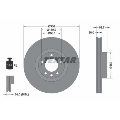 Imagen de TEXTAR 92262605 Disco de freno 360 36 05/06 130 ventilación interna revestido altamente carbonizado sin perno sujeción rueda, buje rueda