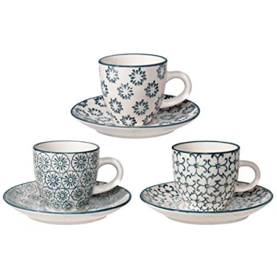 Imagen de BLOOMINGVILLE Tazas de Café Espresso con Platos Kristina para espreso Colores C: Ø 6 x H 5,5 cm, S: 11,5 Azul, Cerámica, Juego 3, Capacidad 80 ml