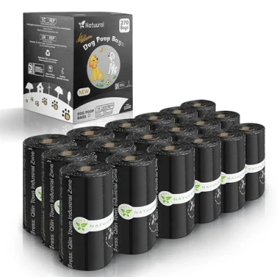 Imagen de bolsas para excrementos de perros 100% compostables, 270 bolsas, 18 rollos, biodegradables hechas almidón maíz, certificado ASTM D6400 y EN13432, sin perfume (negro)