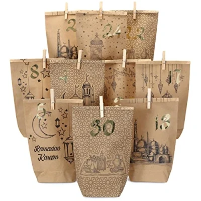 Imagen de Papierdrachen DIY Calendario de Ramadán para rellenar bolsas papel kraft impresas 30 regalo colocar y decorar Eid Mubarak reutilizables.
