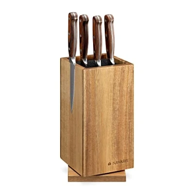Imagen de Navaris Bloque para Cuchillos de Cocina Soporte cuchillero Giratorio Madera Acacia con Lateral magnético Porta Utensilios Tacoma Organizador