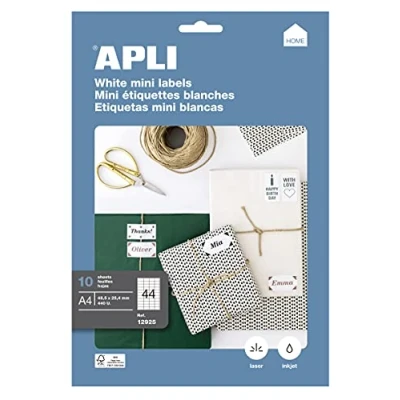 Imagen de APLI 12925 Etiquetas blancas permanentes adhesivas imprimibles, Inkjet Laser Copy, tamaño etiqueta 48,5 x 25,4 mm, cantos rectos, pack de 10 hojas A4 ( 440 etiquetas), ideal para sobres