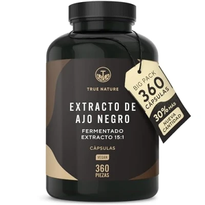 Imagen de Extracto de ajo negro (15:1) 360 cápsulas (750mg) 1500mg al día 14,89% polifenoles con S alilcisteína (SAC) fermentado, producción alemana TRUE NATURE