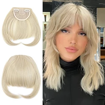 Imagen de Elailite Flequillo Postizo Pelo Corto Clip Flequillos Falso (sienes 22cm) 1 Pieza 2 en Postizos para Mujer # Rubio Cenizo/Rubio Pálido