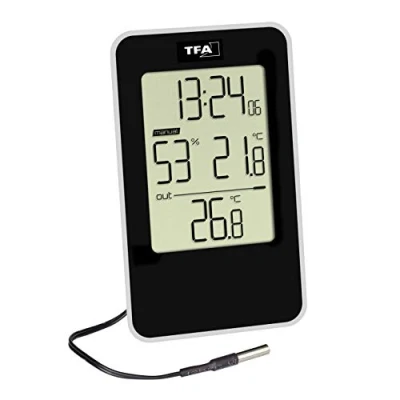 Imagen de TFA Dostmann 30.5048.01 Termómetro higrómetro Digital con Hora, para Interior y Exterior, Sensor de Cable Impermeable, Color Negro, (Largo) 72 x (Ancho) 16 (49) (Alto) 121 mm