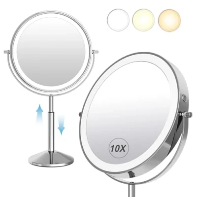 Imagen de TUSHENGTU Espejo de Maquillaje con Aumento 10 aumentos luz LED Recargable, 9 Pulgadas Altura Ajustable, Afeitado para Escritorio pie (940C10X)