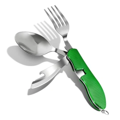 Imagen de ZIMAIC cubiertos de camping plegables, acero inoxidable, para camping, 4 en 1, abridor botellas, cuchillo, tenedor, cuchara, juego color verde