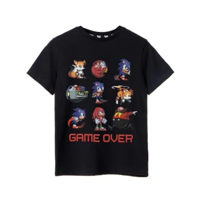Imagen de SONIC THE HEDGEHOG Camiseta para niños gráfica de Manga Corta Game Over en Negro Pixel 8 bits Ilustraciones Personajes clásicos Knuckles Tails Dr. Egg Man Arriba