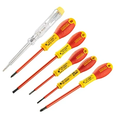 Imagen de STANLEY FATMAX Juego de 6 Destornilladores Aislados, Punta Plana/Pozidriv, Mango Bimaterial, Aislados 1000V, Incluye Tester Voltaje, Ergonomía y Seguridad, 0 65 443