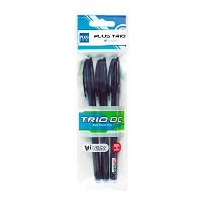 Imagen de PLUS Office Bolígrafos Trio Pack de 3 con Capuchón, Tinta fluida Viscosa, Óptimo para uso oficina, casa y escolar, Color Negro, Trazo 0,7 mm (3 Negros)