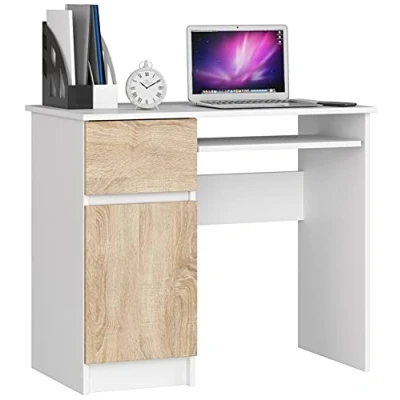 Imagen de AKORD Escritorio con Estante para Teclado, Cajón y Contenedor en el Lado Izquierdo de Oficina Computadora PC Portátil 90x77x50 cm 30 kg Blanco &amp; Roble Sonoma