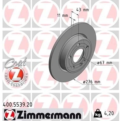 Imagen de ZIMMERMANN 400.5539.20 Disco de freno 276 11 6/5 5 112 macizo revestido MERCEDES BENZ: Clase A, B, A Berlina