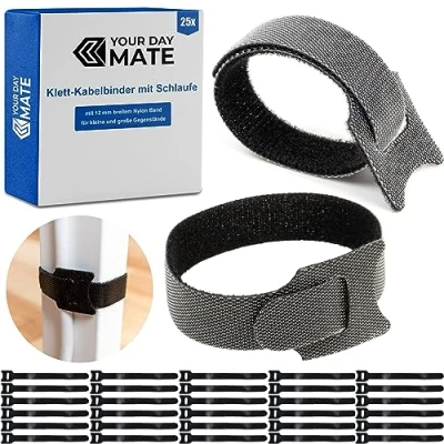 Imagen de Bridas Reutilizables de Cable Nylon para la Organización Cables, 25 Pzas, L20 X W1,2 cm, Negro, Nylon, Gancho y Lazo Fuerte, Atadura Reutilizable
