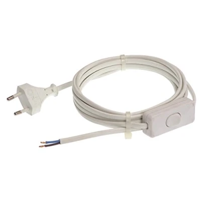 Imagen de as Schwabe Cable de conexión Euro con interruptor intermedio 3m H03VVH2 F 2x0,75, enchufe plano Euro, 30mm pelado terminales cable, 230V, 2,5A, blanco, IP20, 70631