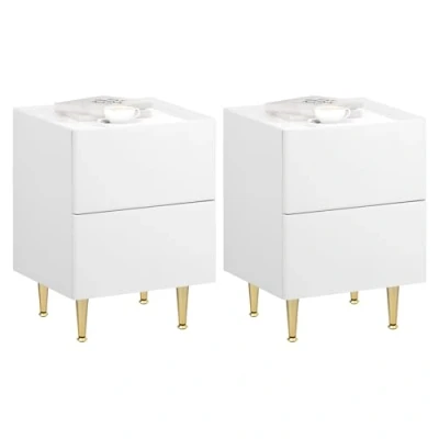 Imagen de WOLTU 2X Mesita de Noche con 2 Cajones, Tablero Alto Brillo, Mesa Auxiliar Moderna 40x35x51cm, para Dormitorio Sofá Salón, Fácil Montaje, Madera+Cuero PVC+Metal, Blanco+Dorado, NTS10ws03