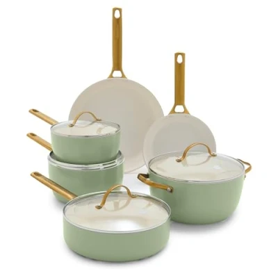 Imagen de GreenPan Reserve Juego de ollas y sartenes antiadherentes cerámica saludable anodizada dura, 10 piezas, asas acero inoxidable en tono dorado, sin PFAS PFOA, apto para lavavajillas, horno