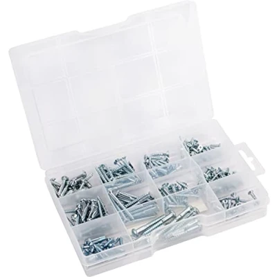 Imagen de Connex DP8500125 Juego de tornillos para madera (280 unidades, varios tamaños, cabeza avellanada y PH Phillips, redonda ranurada, rosca parcial, galvanizados/caja surtida)