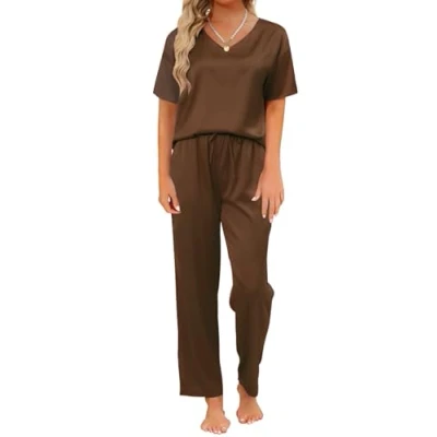 Imagen de Reliwel Pijamas de Mujer Satén Manga Cortos y Pantalones Verano 2 Piezas Conjunto Suaves Seda Otoño Invierno Ropa Dormir Dos Loungewear S XXL