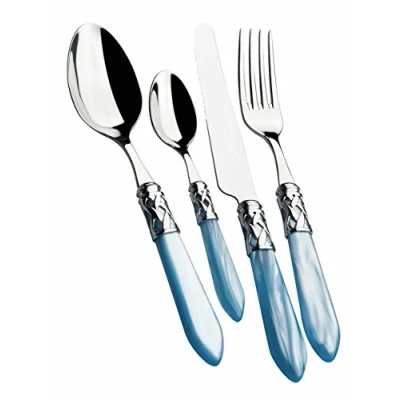 Imagen de Cubertería BUGATTI, Aladdin, 24 piezas en Acero Inoxidable 18/10, Anillo Cromado y mango AZUL CLARO con efecto nácar. para 6 personas: cucharas, tenedores, cuchillos cucharas de café