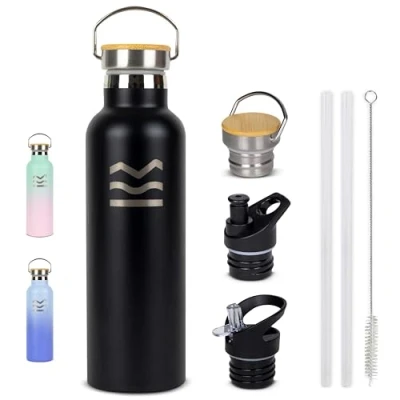 Imagen de Botella Agua Acero Inoxidable Negra HUIIKE Termica 750ml con 3 tapones Termo Fria 24 horas y Caliente 12 sin BPA, Gimnasio