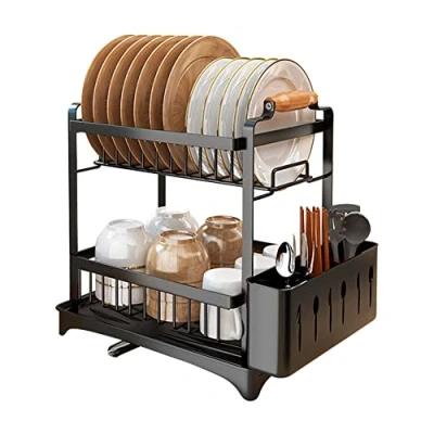 Imagen de LANTUS Escurridor de platos cocina con bandeja goteo y soporte para utensilios elegante bien diseñado encimera (36 x 26 37,5 cm), color negro