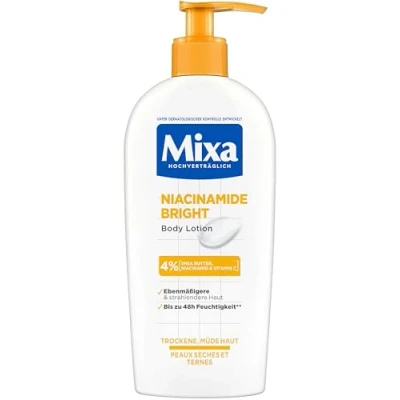Imagen de Mixa Loción corporal hidratante, adecuada para cara, cuerpo y manos, piel seca cansada, Niacinamide Bright, hipoalergénica, 250 ml