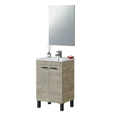 Imagen de Habitdesign Mueble de Baño con 2 Puertas y Espejo, Modulo Lavabo, Modelo PM, Acabado en Roble Alaska, Medidas: 50 cm (Ancho) x 80 (Alto) 40 (Fondo)