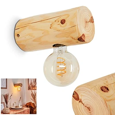 Imagen de aplique Canedo, moderno de madera en diseño escandinavo natural, 1 x E27, punto pared retro/vintage con efecto luminoso, sin bombilla(s)
