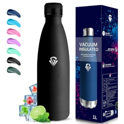 Imagen de Grsta Botella Agua Acero Inoxidable, Termica 1 litro, A Prueba de Fugas, Deportiva, sin BPA, Cantimplora para Adultos, Aislamiento al Vacío, Senderismo, Gimnasio, Cámping
