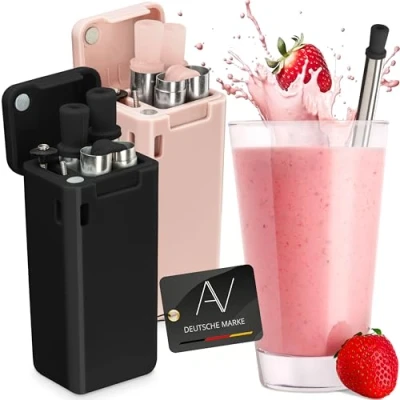 Imagen de AVANA Juego de 2 pajitas acero inoxidable reutilizables, silicona, sin BPA, respetuosas con el medio ambiente, plegables cepillo limpieza y caja magnética (negro rosa)