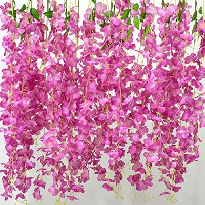 Imagen de AIBAOBAO 12 Piezas Artificiales Flores Wisteria, Guirnalda de para Home Garden Party Decoración, Boda Simulación Flor, Jardín Balcón Exterior Interior(Rosa púrpura)