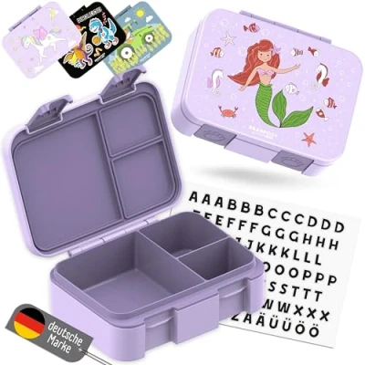 Imagen de BEARFOOT Bento Box Compact fiambrera infantil sin BPA para la escuela y guardería, a prueba de fugas niñas niños, práctica, ligera compacta (lila sirena, 650 ml)