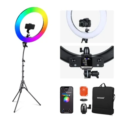 Imagen de NEEWER 18 Inch Aro de Luz LED RGB Control App con Trípode y Soporte Móvil, 42W Regulable 2500K 10000K GM±50 Bicolor CRI97+/TLCI98+ 360 a Todo Color Escenas para Fotografía TikTok Vlog, RGB18 II