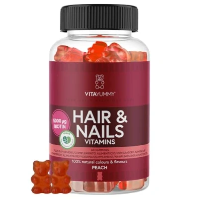 Imagen de Gominolas Vitamina para Cabello y Uñas VitaYummy con Sabor a Melocotón Suplemento C, D, Zinc Biotina en Alta Dosis (5000 µg) Veganas Sin Gelatina 60 Ositos