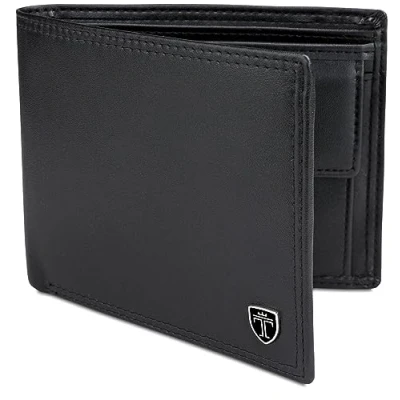 Imagen de TRAVANDO Cartera Hombre Madrid con Bloqueador RFID, Billetera Negra, Tarjetero, Monedero Varón, Portamonedas, Regalo, Wallet, Vertical, Bolsillo Monedas Botón a presión Tarjetera, Ranuras