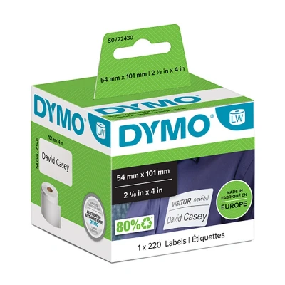 Imagen de DYMO LW etiquetas auténticas de envío/tarjetas identificación grandes, 54 mm נ101 mm, un rollo 220 con reverso fácil retirar, autoadhesivas, para etiquetadoras LabelWriter