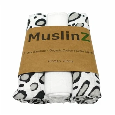 Imagen de MuslinZ 3PK Cuadrados de muselina para bebé, 70 x cm, diseño leopardo algodón orgánico