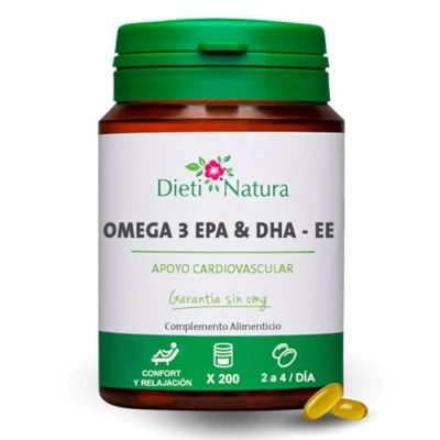 Imagen de Dieti Natura Omega 3 65% EPA &amp; DHA 200 Cápsulas Blandas con Aceite de Pescado Fuente Ácidos Grasos Esenciales que Ayudan a Regular el Colesterol Beneficios cardiovasculares, sin OMG
