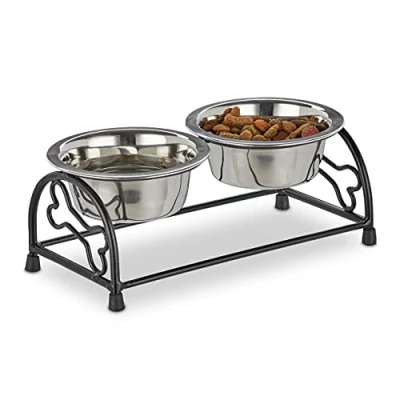 Imagen de Relaxdays Set Comederos Perro con Soporte Elevado, Bebedero Mascota, 2 Cuencos Cachorro, Acero 300ml, Negro/Plateado, Inoxidable, 300 ml