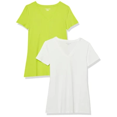 Imagen de Amazon Essentials Camiseta de Cuello en v Manga Corta y Ajuste Clásico Mujer, Pack 2, Verde Lima/Blanco, XXL